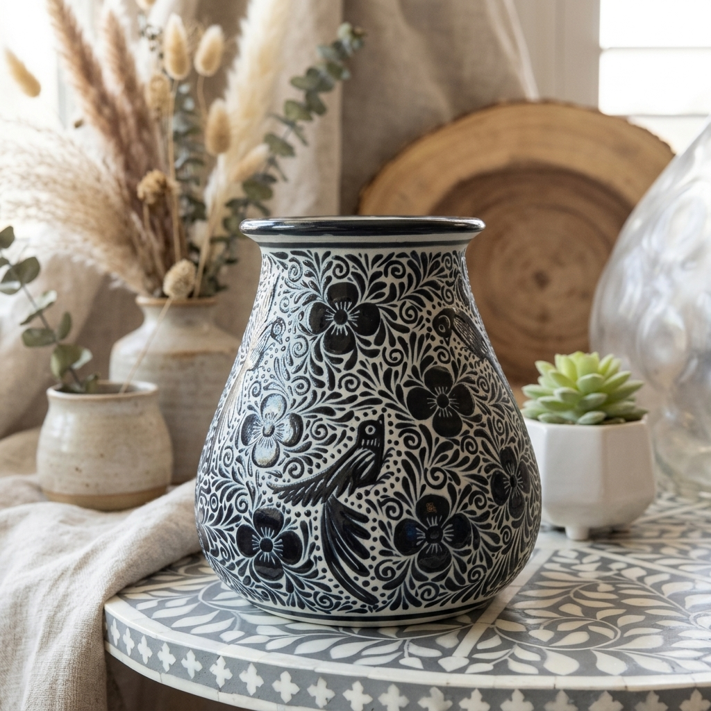 Black and White Hand Painted Mexican Ceramic Vase – Pajaro Ceramics Guanajuato Folk Art Pottery – 7.25 Inch Vase