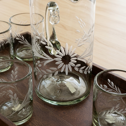 Mexican Recycled Handblown Glass Pitcher & 6 Tumbler Set