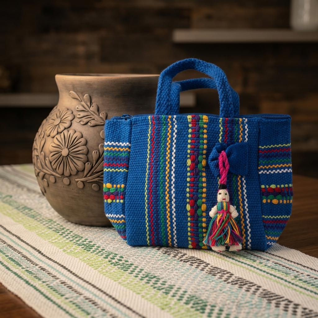 A blue woven tote bag with colorful vertical stripes and a small hanging doll charm, placed on a striped textile beside a carved brown ceramic vase.