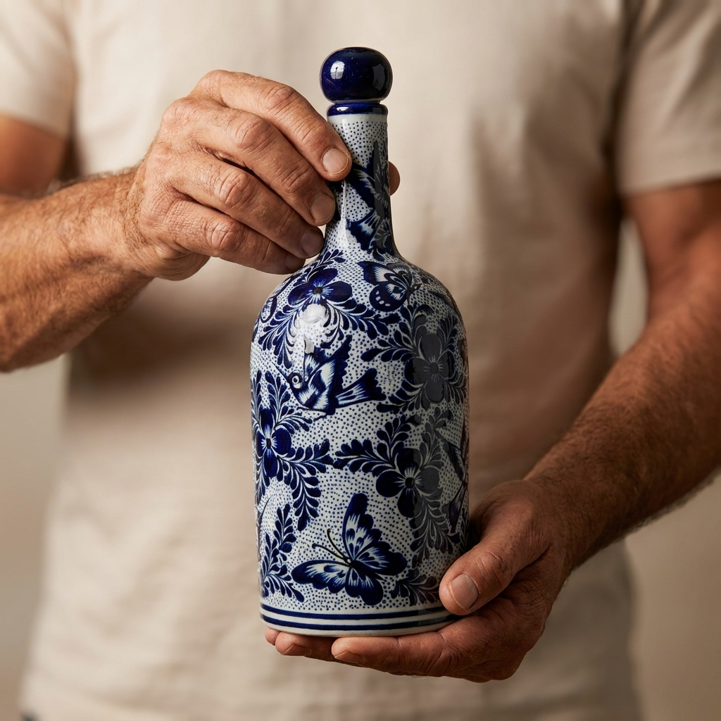 Hand Painted Talavera Style Decanter 11.5 Inch – Blue and White Mexican Ceramic Bottle from Guanajuato – Bird Floral Artisan Barware Decor