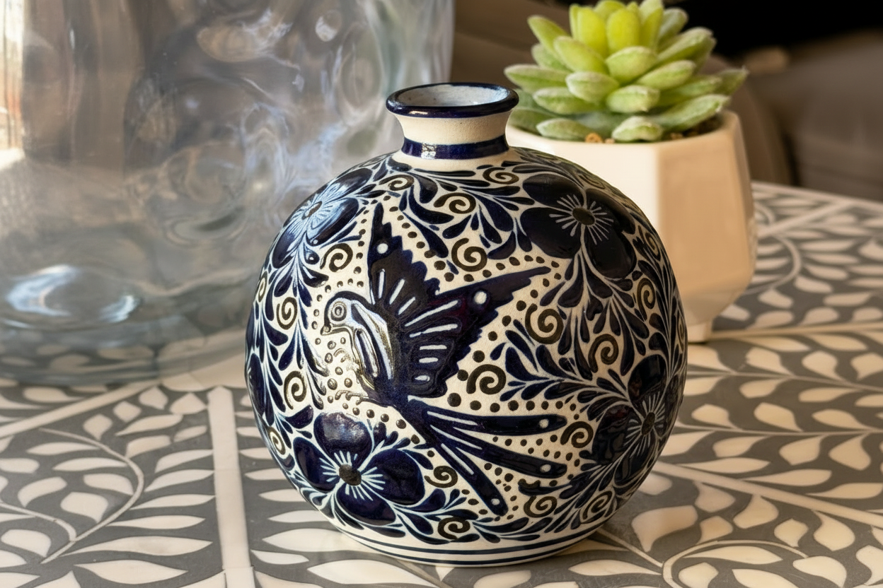 Hand Painted Mexican Blue & White Vase – Bird & Floral Talavera Style Pottery – Small Decorative Vase 4.5”