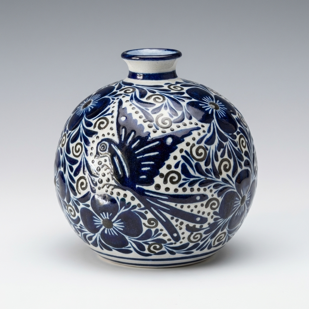 Hand Painted Mexican Blue & White Vase – Bird & Floral Talavera Style Pottery – Small Decorative Vase 4.5”