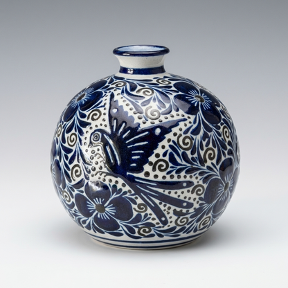 Hand Painted Mexican Blue & White Vase – Bird & Floral Talavera Style Pottery – Small Decorative Vase 4.5”