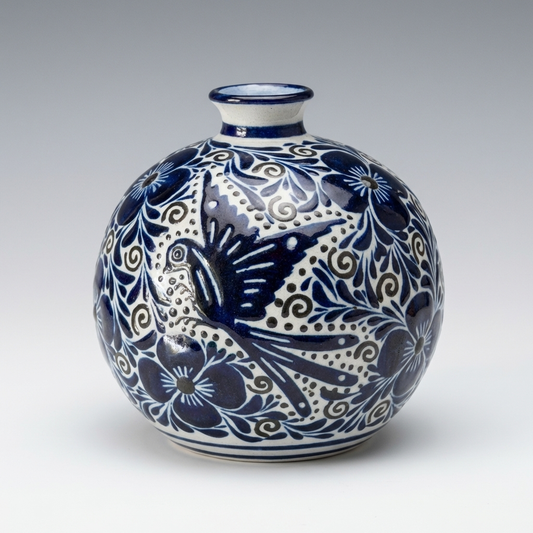 Hand Painted Mexican Blue & White Vase – Bird & Floral Talavera Style Pottery – Small Decorative Vase 4.5”