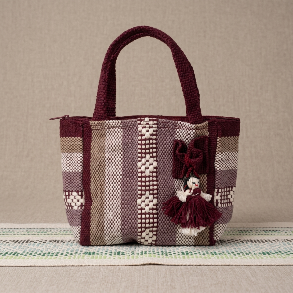 A small woven tote bag with dark burgundy handles and trim, featuring vertical striped panels in burgundy, beige, and gray, and a hanging doll charm, set against a neutral textured background.
