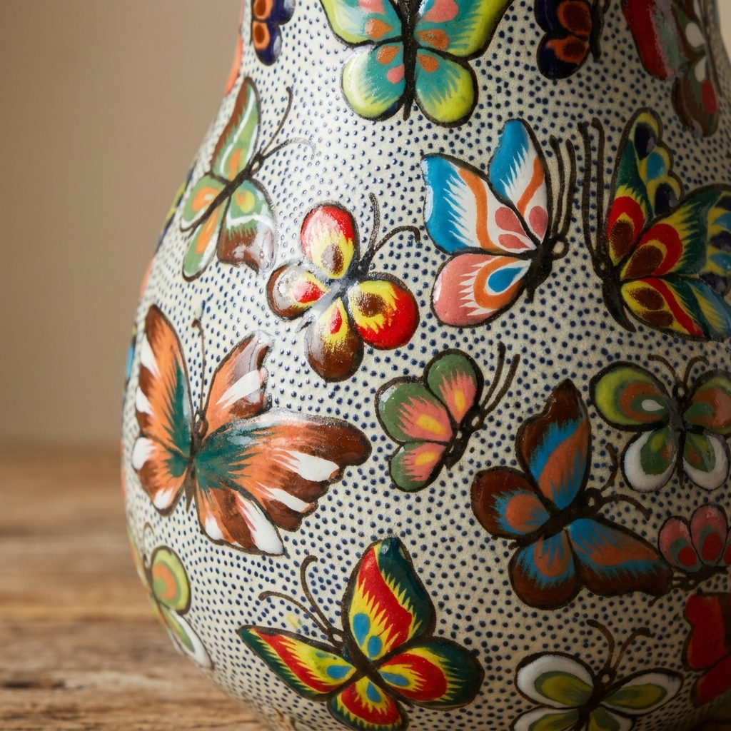 Handmade Talavera Butterfly Vase Mexican Folk Art Ceramic From Guanajuato, Colorful Boho Home Decor Accent Pottery Gift