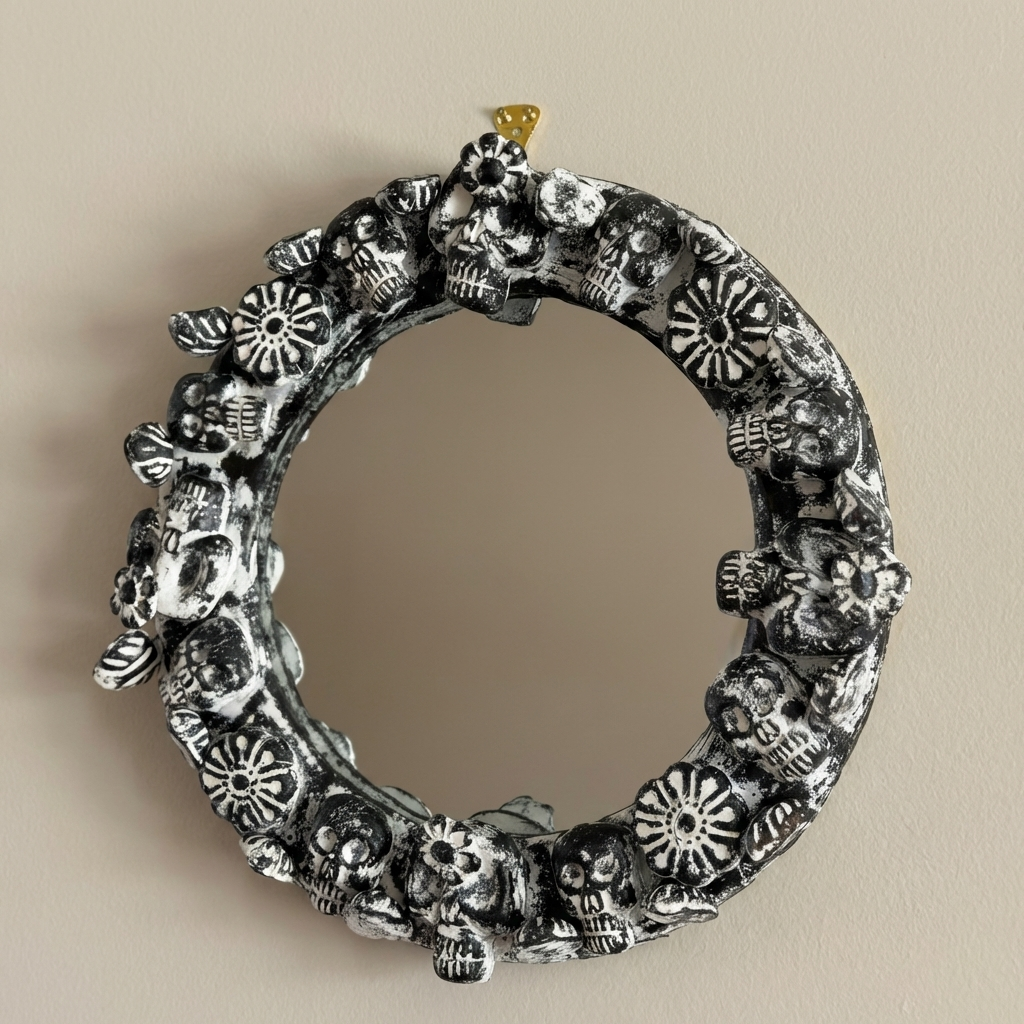 Handmade Mexican Skull Mirror – Day of the Dead Folk Art Wall Mirror