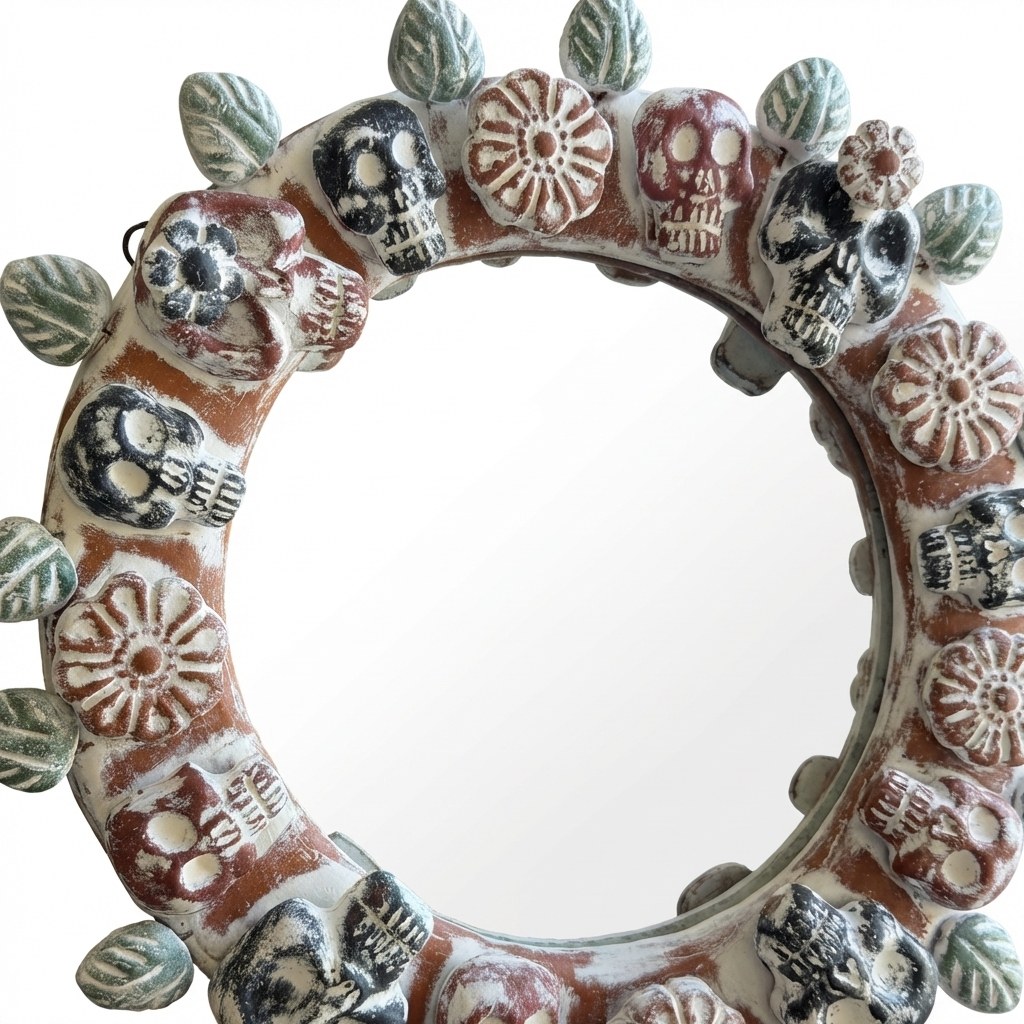 Handmade Mexican Skull Mirror – Day of the Dead Folk Art Wall Mirror