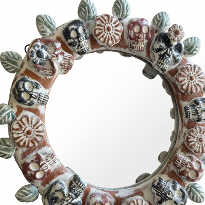 Handmade Mexican Skull Mirror – Day of the Dead Folk Art Wall Mirror