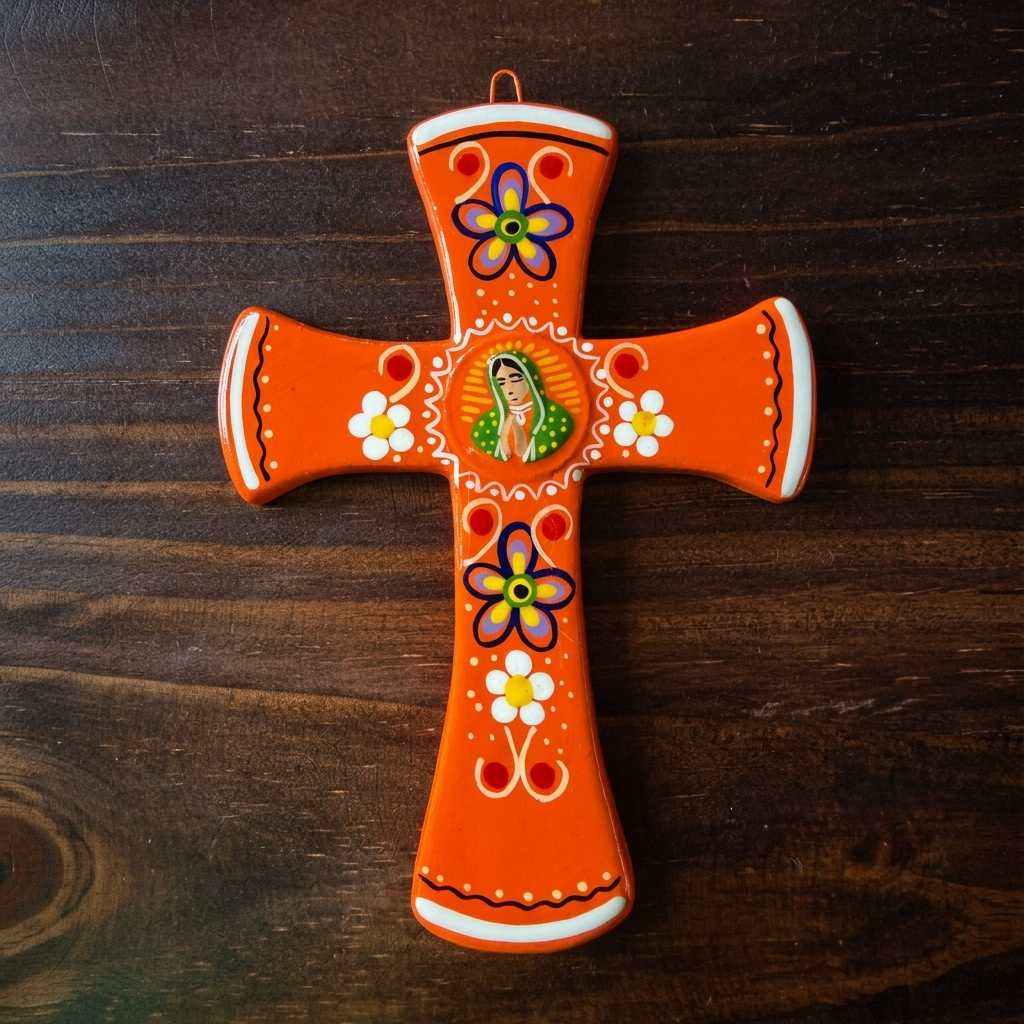 An orange ceramic cross with hand-painted folk art details, including a central Our Lady of Guadalupe motif and floral patterns, displayed on a dark wood background.