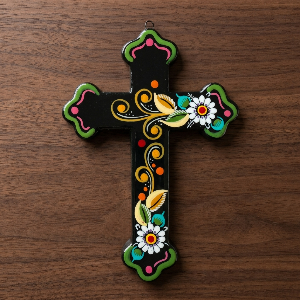 A hand-painted ceramic cross with a black base, decorated with green, yellow, pink, white, and orange folk art motifs, resting on a dark brown wooden surface.
