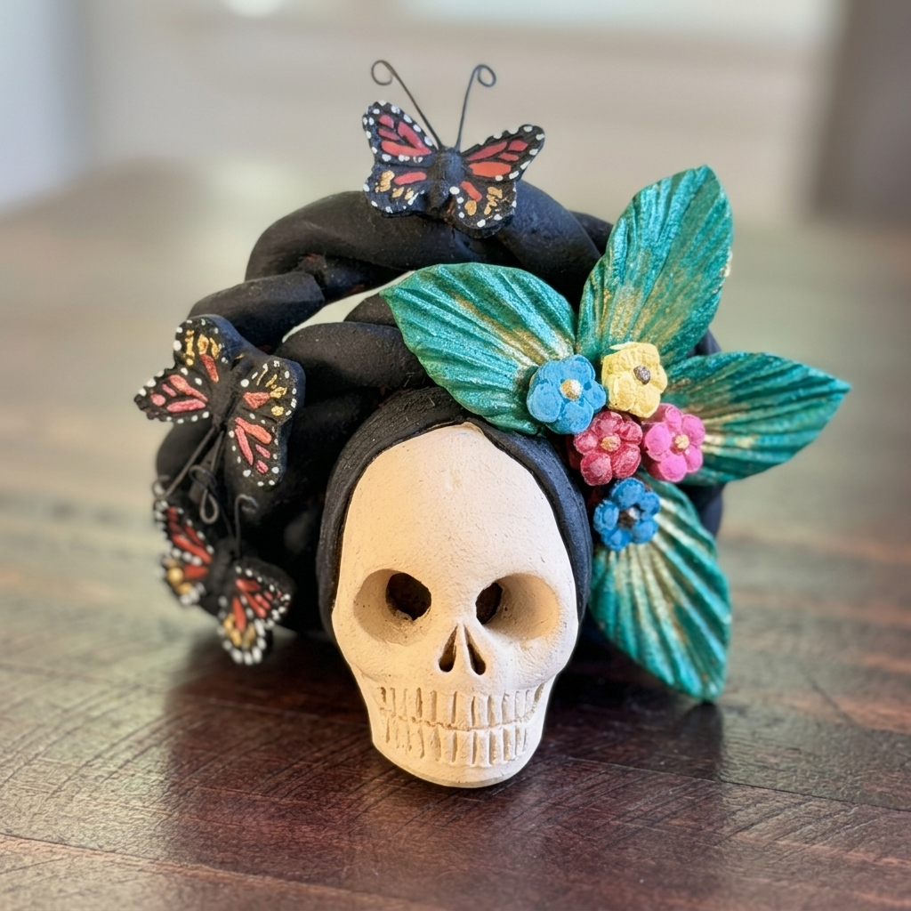 Close-up of colorful handmade Mexican clay Catrina head with detailed butterfly and floral decorations