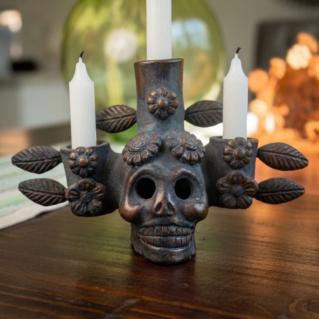 A dark metallic skull candle holder with floral and leaf details, holding two white taper candles on a wooden table with a softly blurred background.