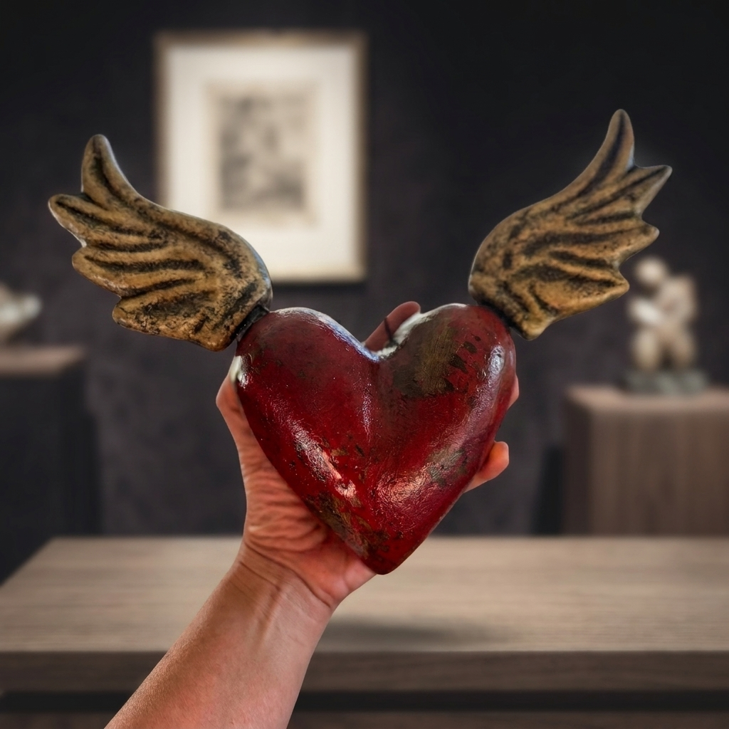 Handmade Winged Heart Wall Decor from Tonalá Mexico | Rustic Mexican Folk Art Hanging | Sacred Heart Décor