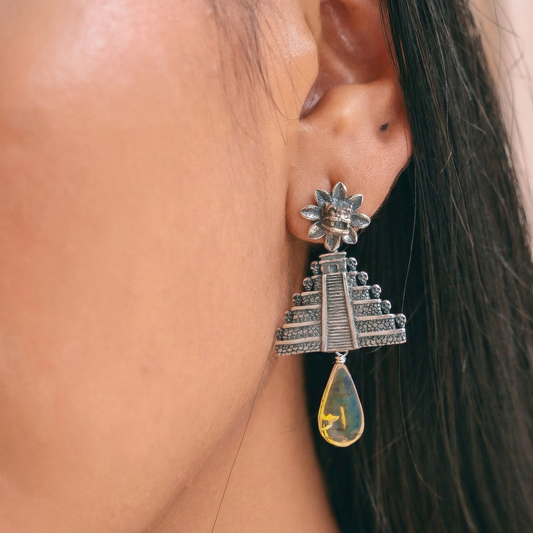 Amber & Silver Kukulkán Pyramid Earrings | Handcrafted Mexican Fine Jewelry | Cultural Artisan Earrings from Guadalajara