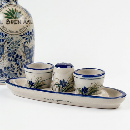Tequila Shot Glass & Salt Shaker Serving Set | Handmade Blue Flower & Butterfly Pottery from Tonala, Mexico