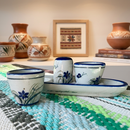 Tequila Shot Glass & Salt Shaker Serving Set | Handmade Blue Flower & Butterfly Pottery from Tonala, Mexico