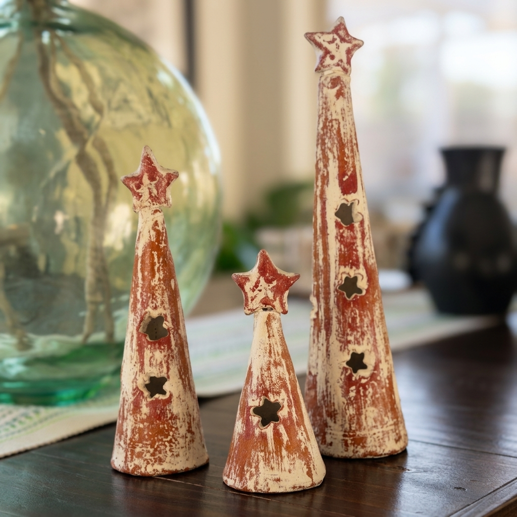 Three distressed ceramic Christmas tree ornaments in red and cream, displayed on a dark wooden table with a blurred green glass vase in the background.