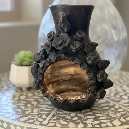 Tonala Clay Chiminea | Mexican Pottery Fireplace | Floral Folk Art Home Decor | Rustic Accent | 9 Inch