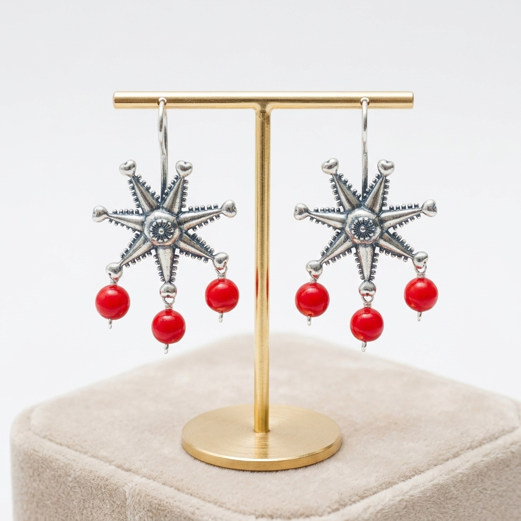 A pair of silver-toned starburst dangle earrings with three red bead drops each, displayed on a gold T-stand against a light gray background.