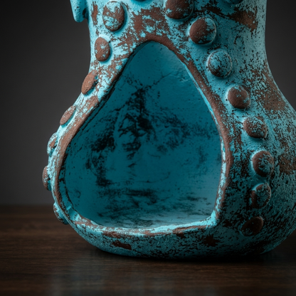 A close-up of a rustic turquoise blue ceramic planter with a distressed brown finish and raised circular details, shown on a dark wooden surface against a dark gray background.