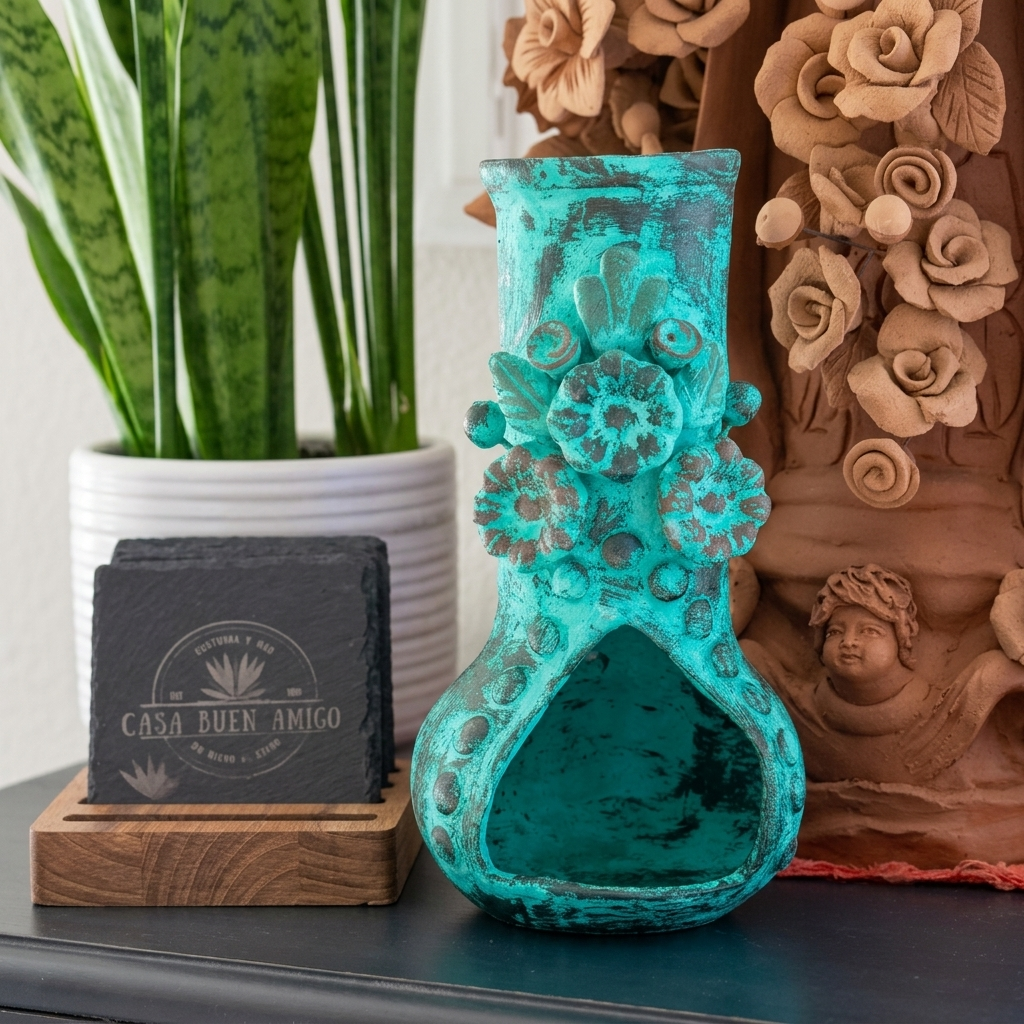 A turquoise and green distressed ceramic vase with floral relief details, displayed on a dark tabletop next to a slate coaster, a potted snake plant, and a carved wooden decorative piece.