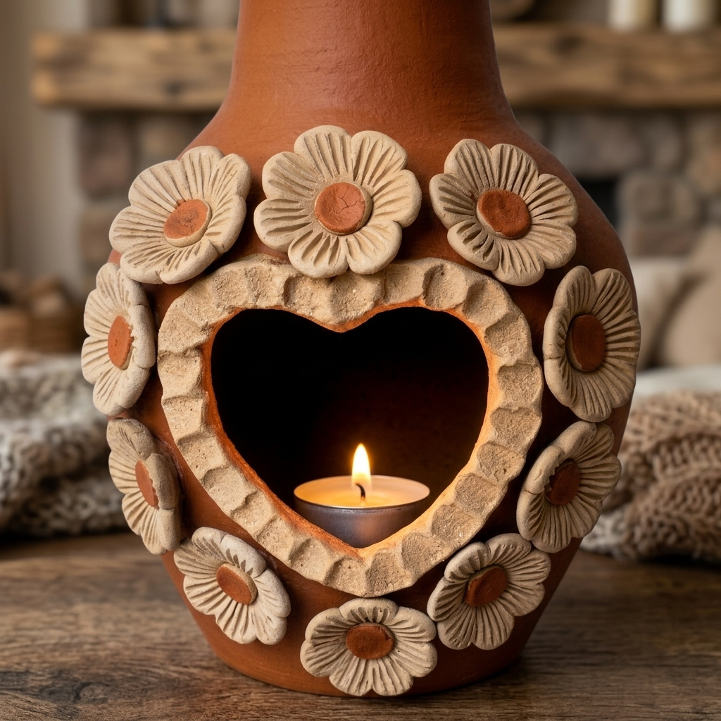 Handmade Oaxacan Clay Chimney Incense Burner | Santa María Atzompa Flower Heart Candle Holder