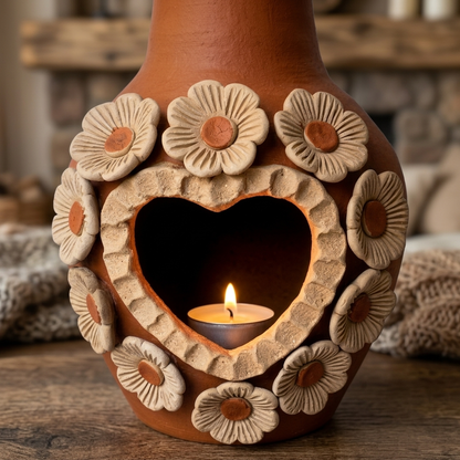 Handmade Oaxacan Clay Chimney Incense Burner | Santa María Atzompa Flower Heart Candle Holder
