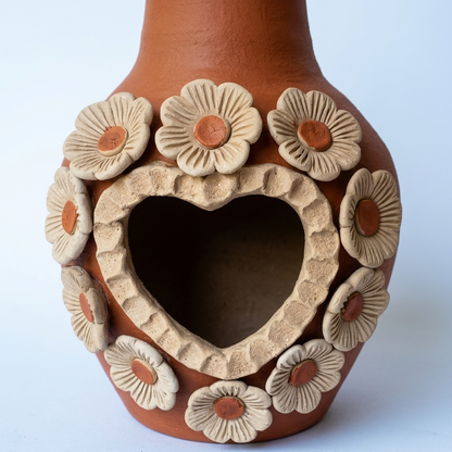 Handmade Oaxacan Clay Chimney Incense Burner | Santa María Atzompa Flower Heart Candle Holder