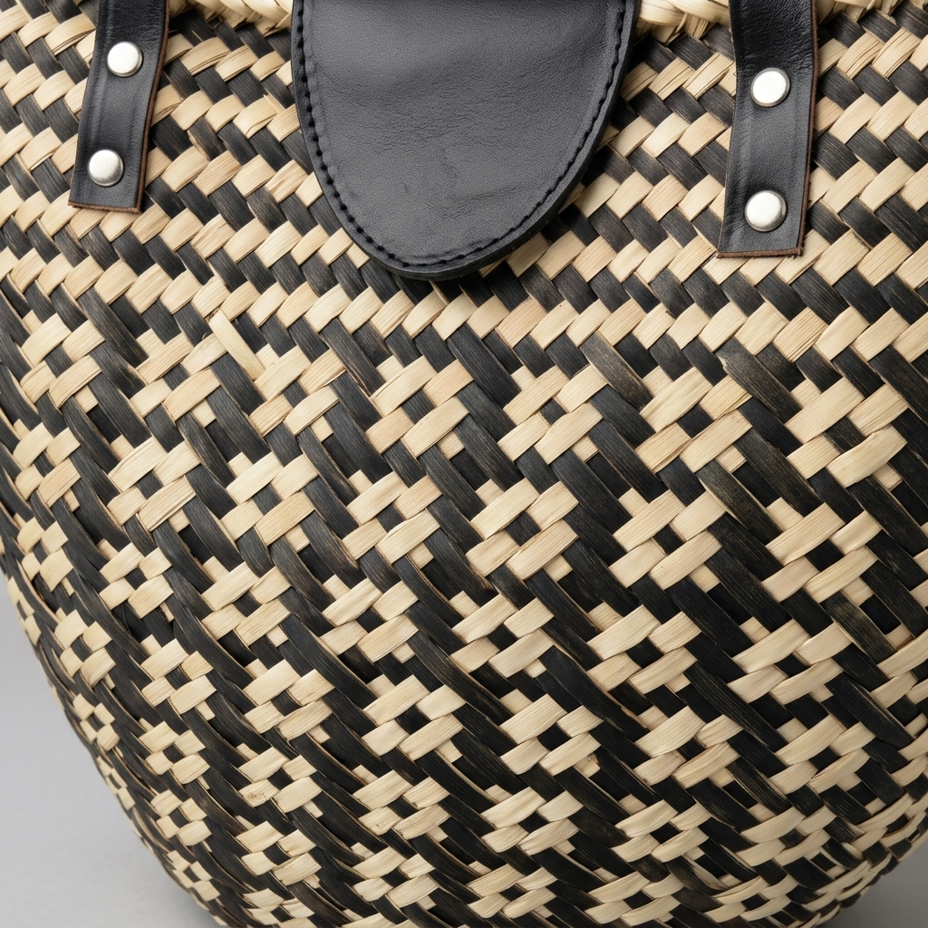 Handmade woven palm handbag with genuine leather handles and snap closure