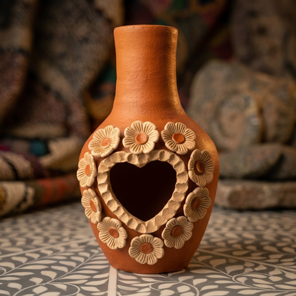 Handmade Oaxacan Clay Chimney Incense Burner | Santa María Atzompa Flower Heart Candle Holder