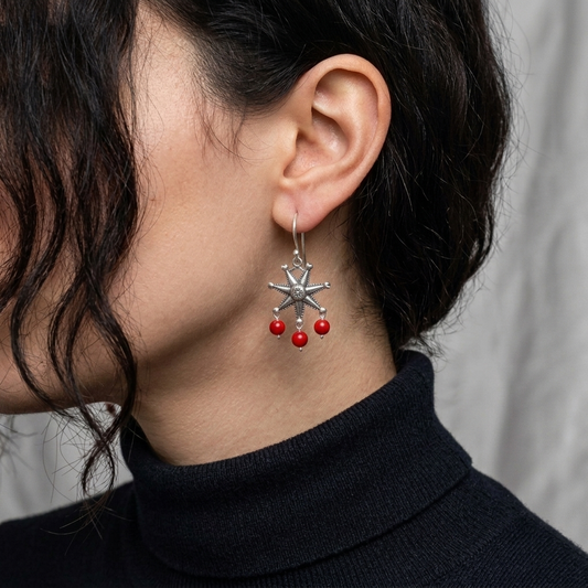 Handmade Mexican Heart Piñata Coral Earrings | Sterling Silver Artisan Jewelry by Gabriela Sánchez