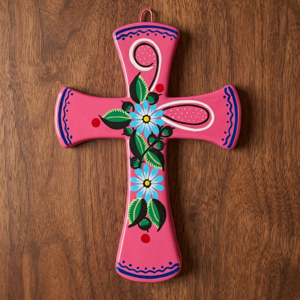 A pink ceramiccross with hand-painted floral and decorative motifs, displayed on a dark brown wooden surface.