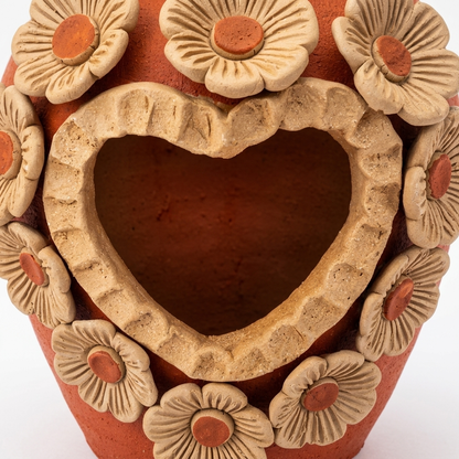 Handmade Oaxacan Clay Chimney Incense Burner | Santa María Atzompa Flower Heart Candle Holder