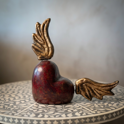 Mexican artisan winged heart sculpture for shelf décor