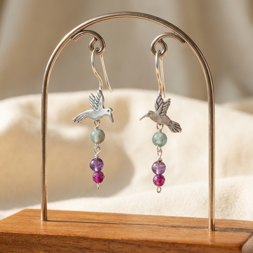 Hummingbird Sterling Silver Earrings with Aquamarine Amethyst Ruby – Handmade Mexican Jewelry – Gabriela Sanchez