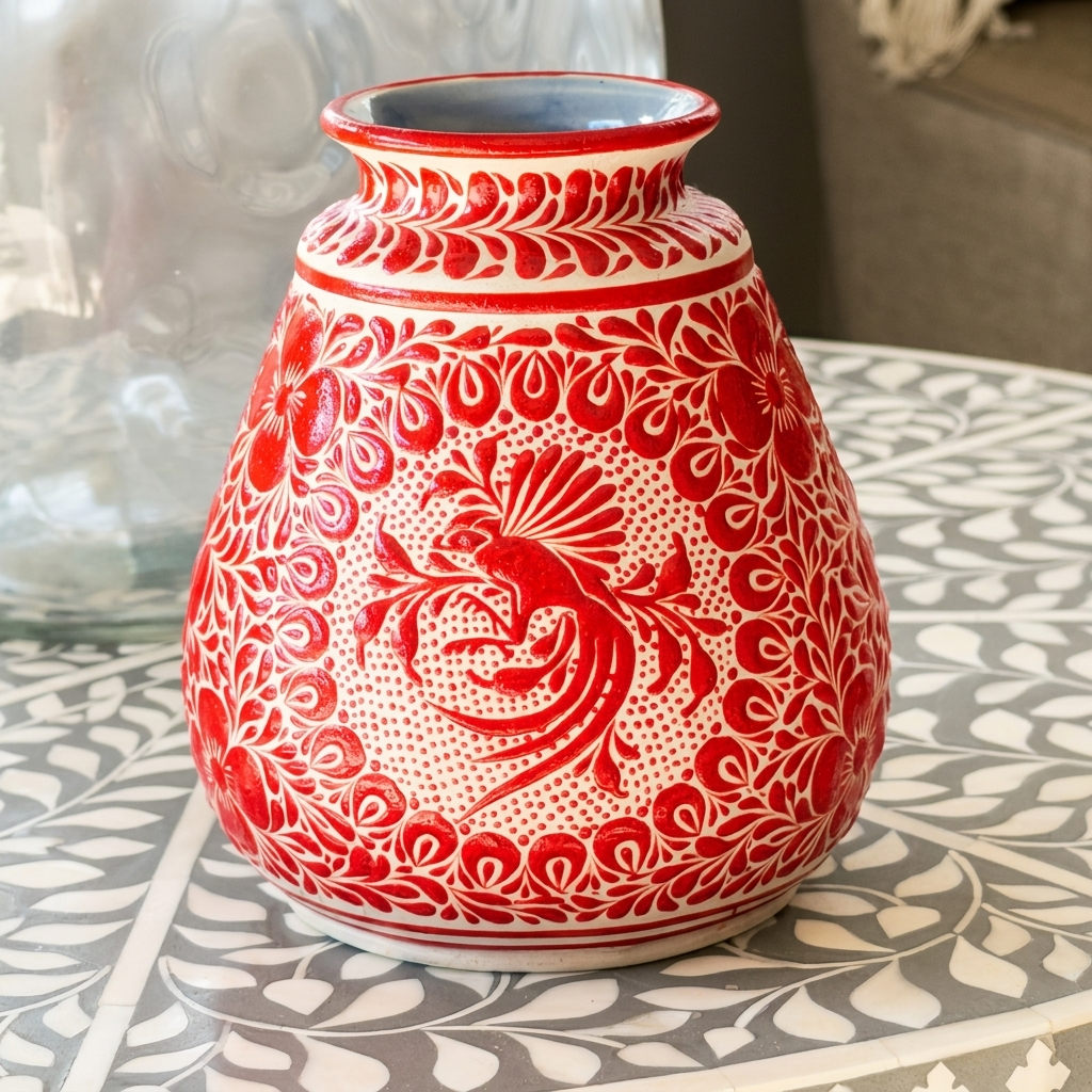 One of a Kind Hand Painted Talavera Style Ceramic Vase – Mexican Hummingbird Folk Art from Guanajuato
