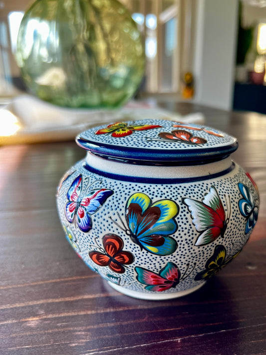 Mexican Talavera Butterfly Jar Hand-Painted Ceramic Gift for Her, Jewelry Holder, Boho Home Decor, Unique Artisan Keepsake Box