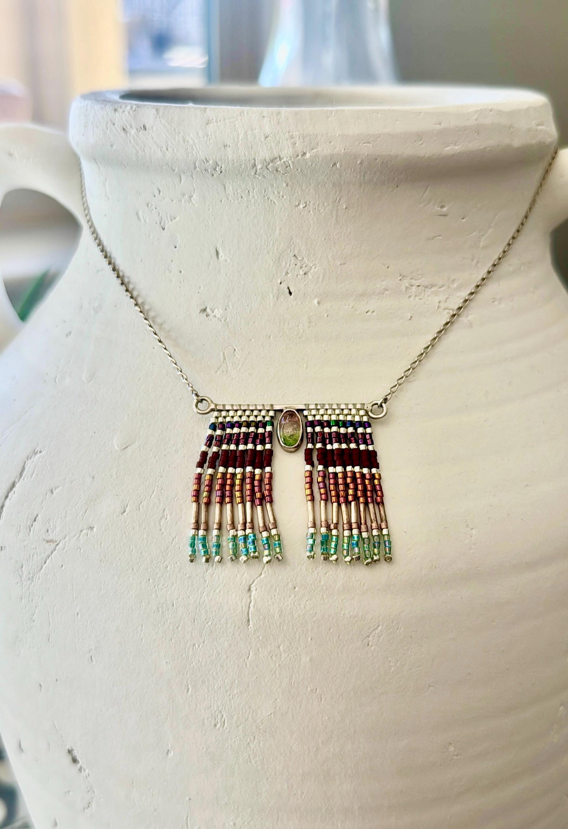 Mexican Silver Beaded Fringe Necklace: Artisan Stone Pendant
