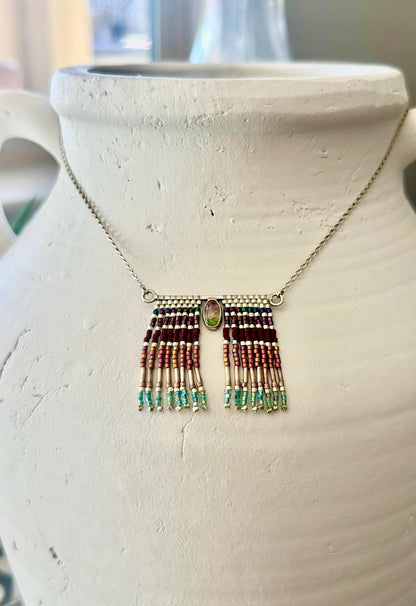 Mexican Silver Beaded Fringe Necklace: Artisan Stone Pendant