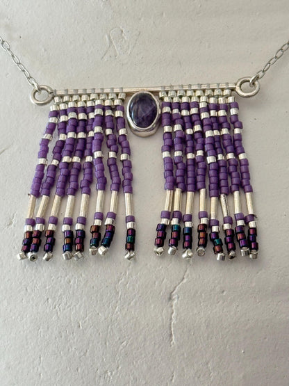 Mexican Silver Beaded Fringe Necklace: Artisan Stone Pendant