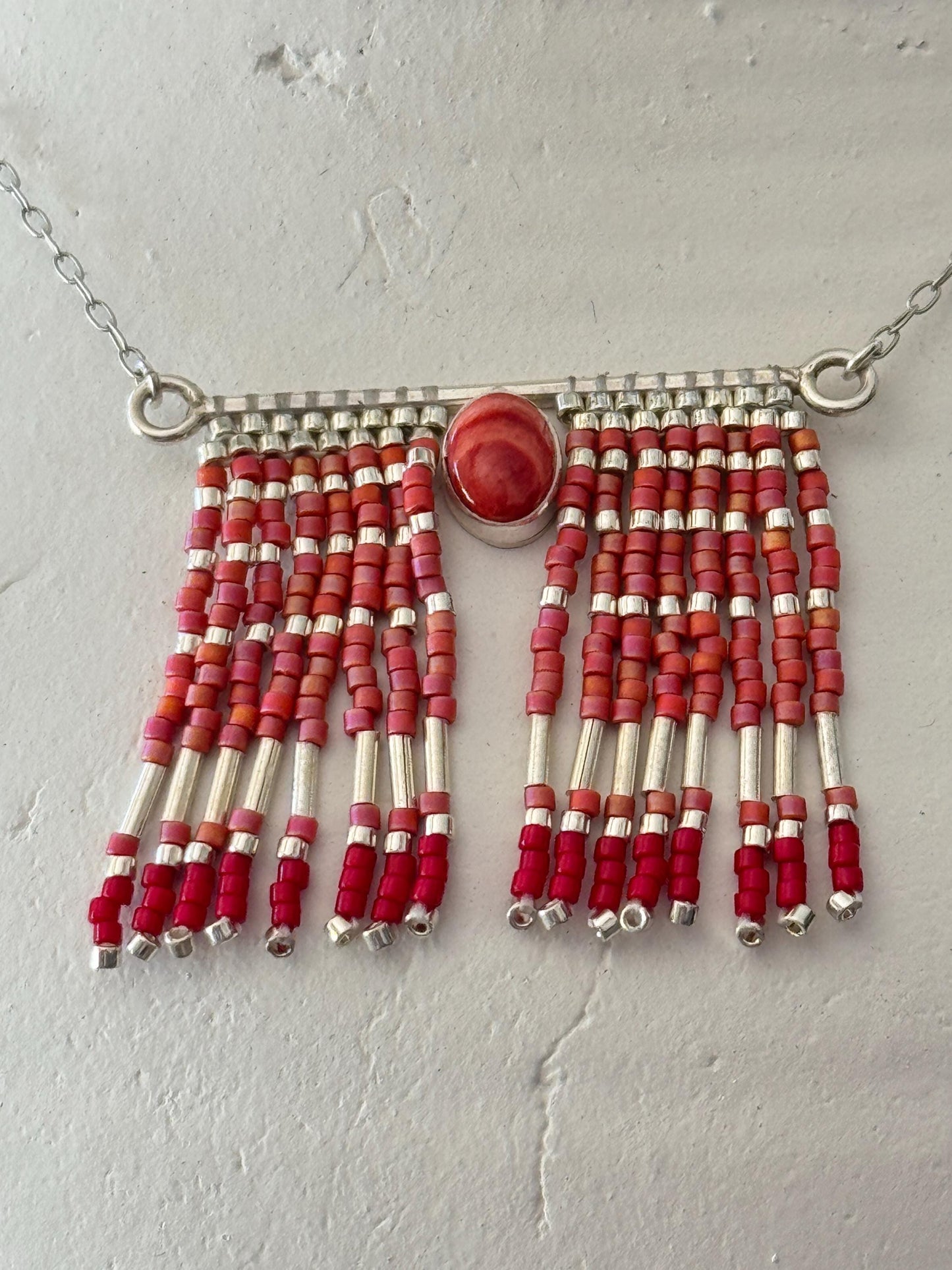 Mexican Silver Beaded Fringe Necklace: Artisan Stone Pendant