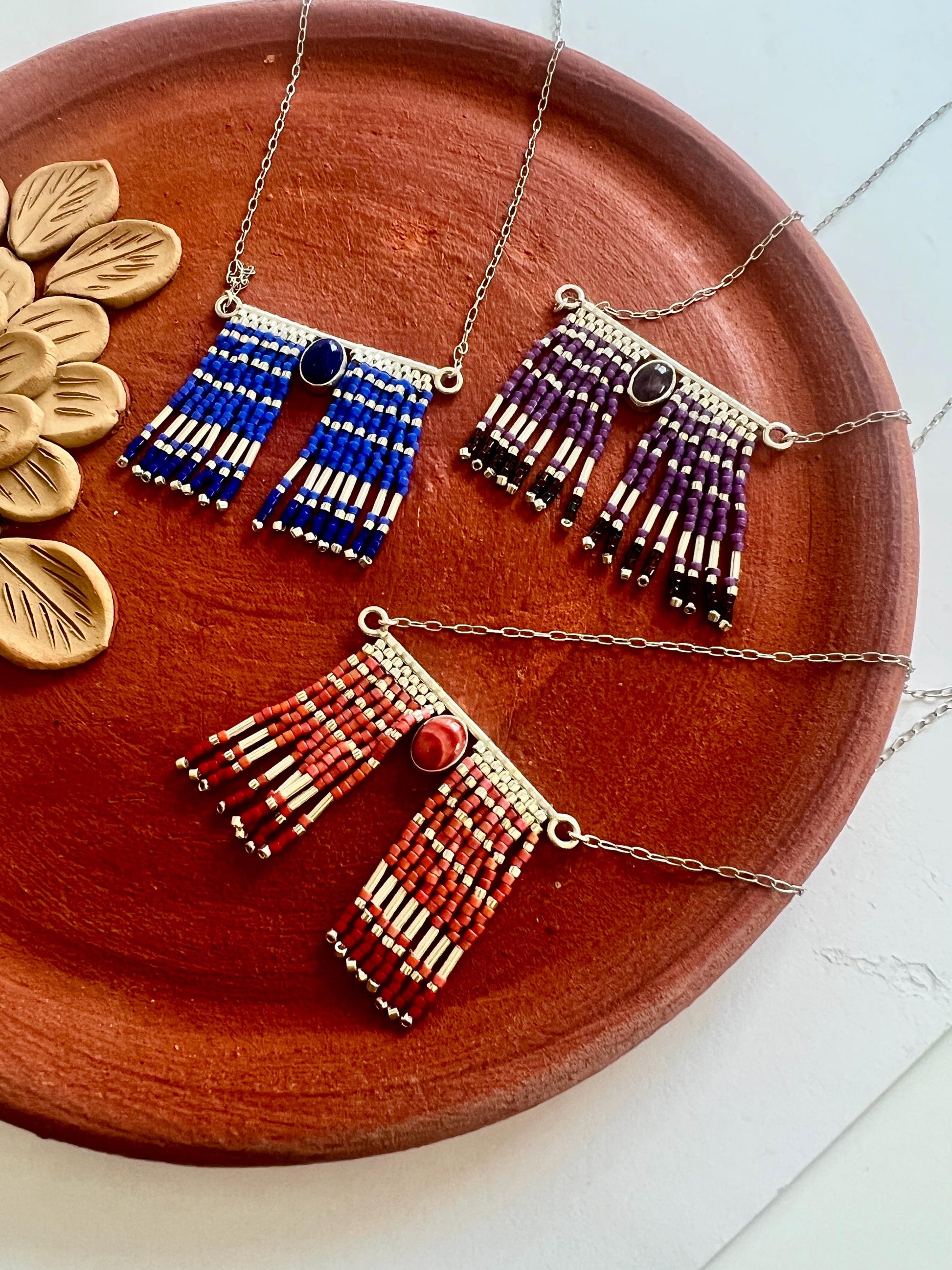 Mexican Silver Beaded Fringe Necklace: Artisan Stone Pendant