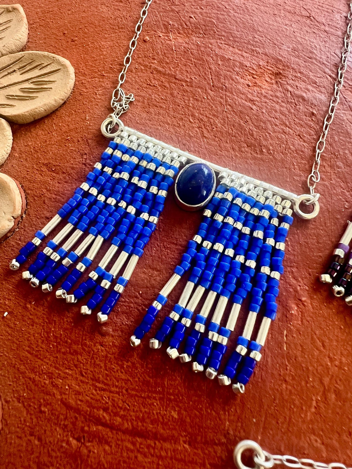 Mexican Silver Beaded Fringe Necklace: Artisan Stone Pendant