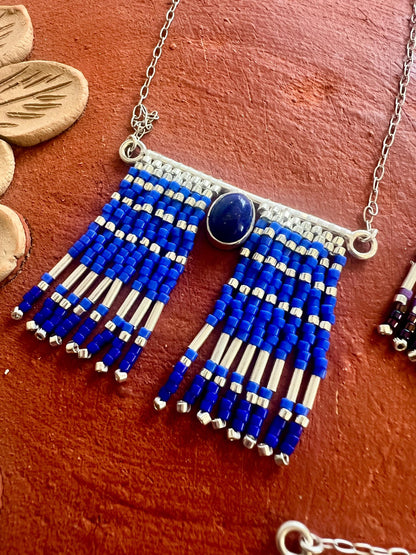 Mexican Silver Beaded Fringe Necklace: Artisan Stone Pendant
