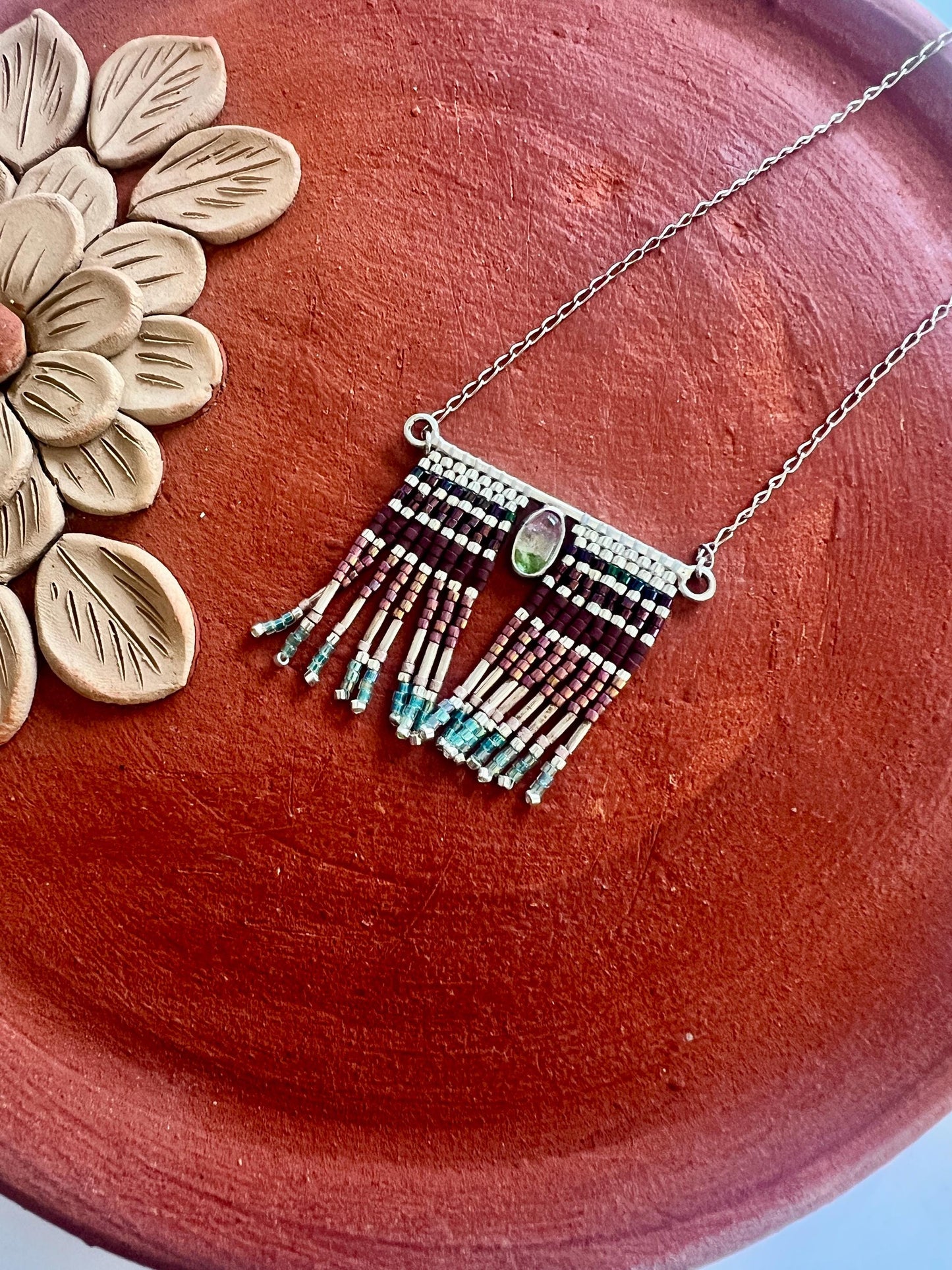 Mexican Silver Beaded Fringe Necklace: Artisan Stone Pendant