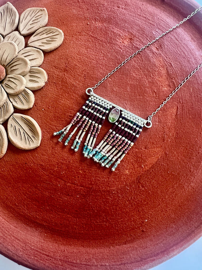 Mexican Silver Beaded Fringe Necklace: Artisan Stone Pendant