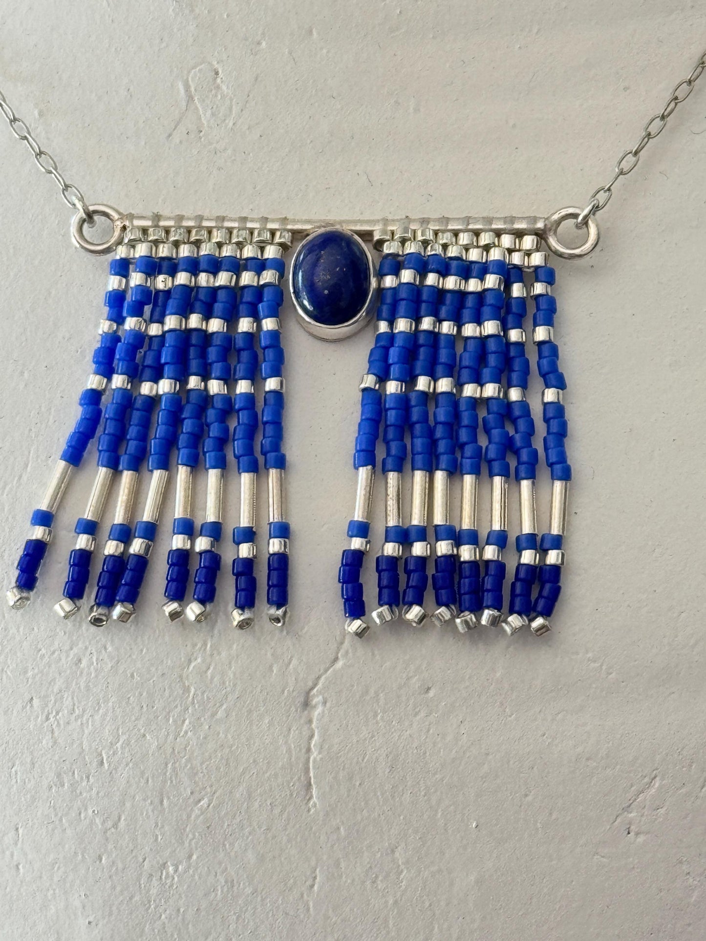 Mexican Silver Beaded Fringe Necklace: Artisan Stone Pendant