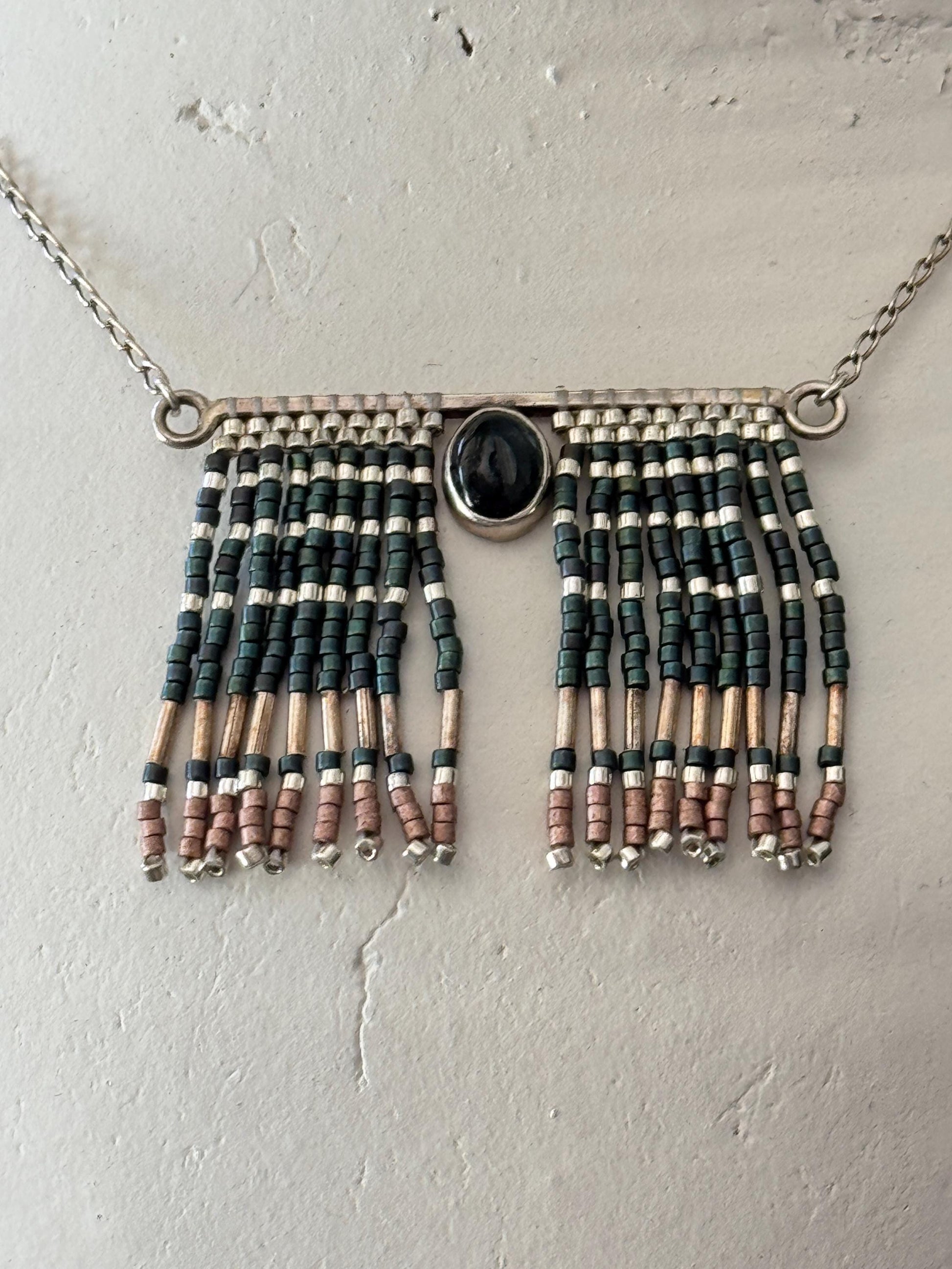 Mexican Silver Beaded Fringe Necklace: Artisan Stone Pendant