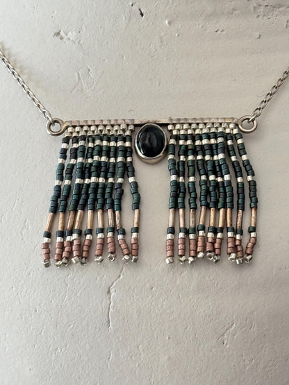 Mexican Silver Beaded Fringe Necklace: Artisan Stone Pendant